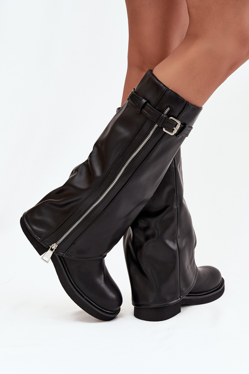 Women's Boots With Turned Cuff Buckle And Silver Zipper Lined Black Bressa