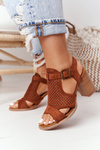 Openwork Sandals On A Block Heel Camel Hey Lover