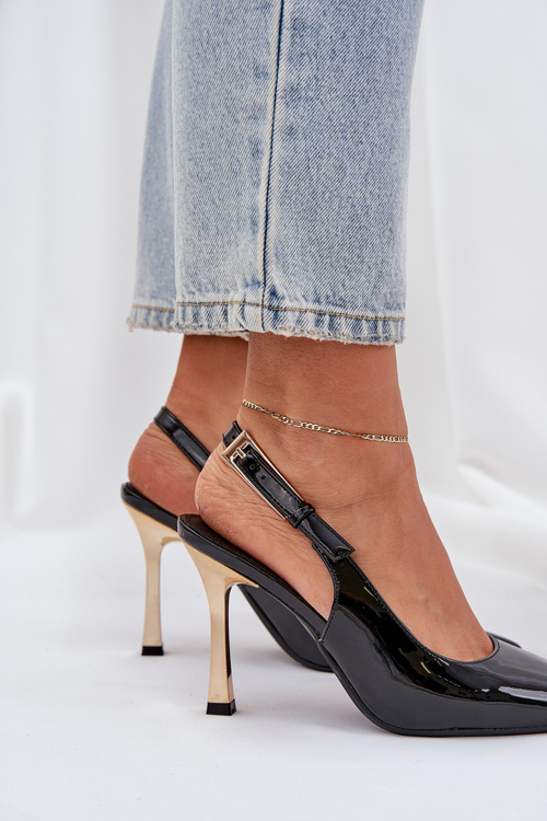 Lacquered High Heels With Open Heel And Pointed Toes Black Rivori