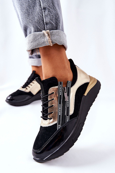 Leather Sport Shoes Sneakers Black and Gold Minor