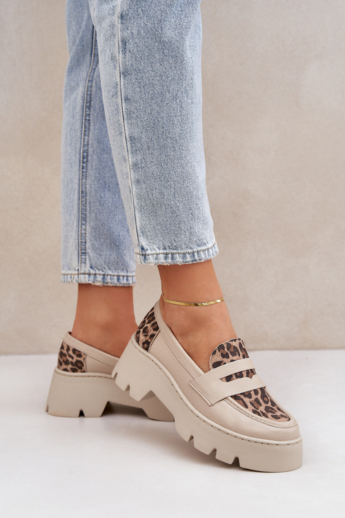 Mokasyny Damskie Skóra Naturalna Płaski Obcas Platforma Jasnobeżowe Zazoo 20191