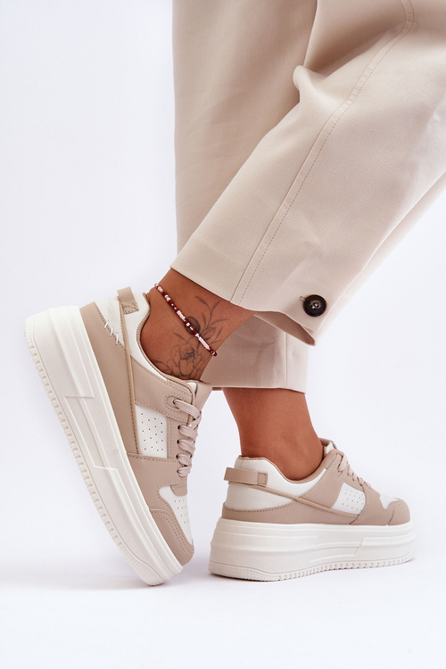 Women's Leather Sport Shoes On Massive Platform Beige Belisso