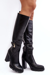 Women's Leather Boots on Heel with Buckle Black Bordda