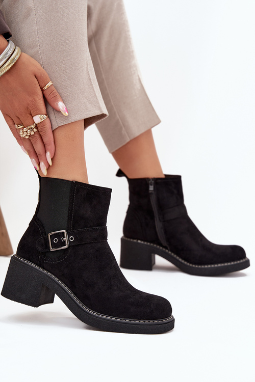 Women's Block Heel Ankle Boots with Buckle Black Nymera