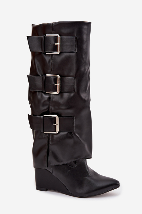 Women's Platform Boots with Turned Top and Silver Buckles Black Sarisse