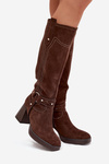 Warm women's heeled boots with stitching chocolate Alessara