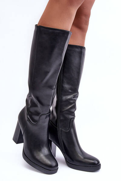 Elegant Leather Knee-High Boots On Heel Black Felsha