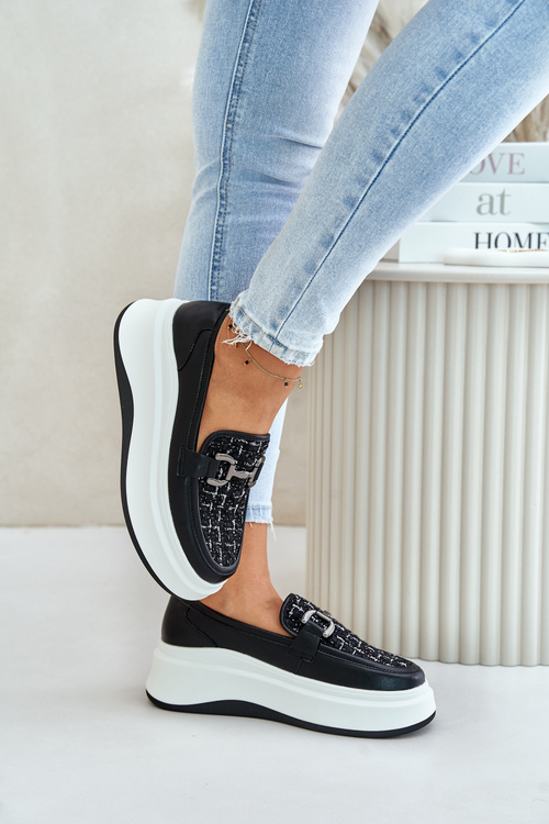 Leather Women's Moccasins On Platform With Decoration Black Vinceza 89105