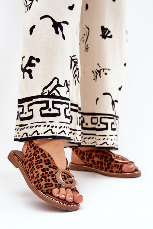 Damskie Sandały Na Płaskim Obcasie Ozdoba Panterka Brązowe Haliones