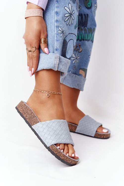 Leather Slippers On The Cork Sole Light Blue Catalina