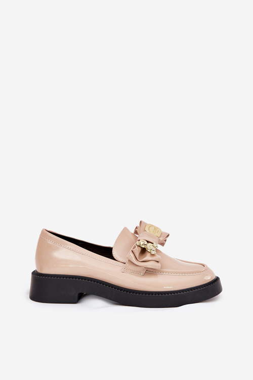 Mokasyny Damskie Lakierowane Kokardka i Ozdobna Broszka Beżowe Leandriel