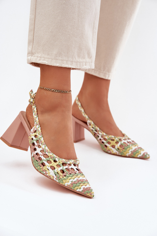 Woven Block Heel Sandals Pink Ebina