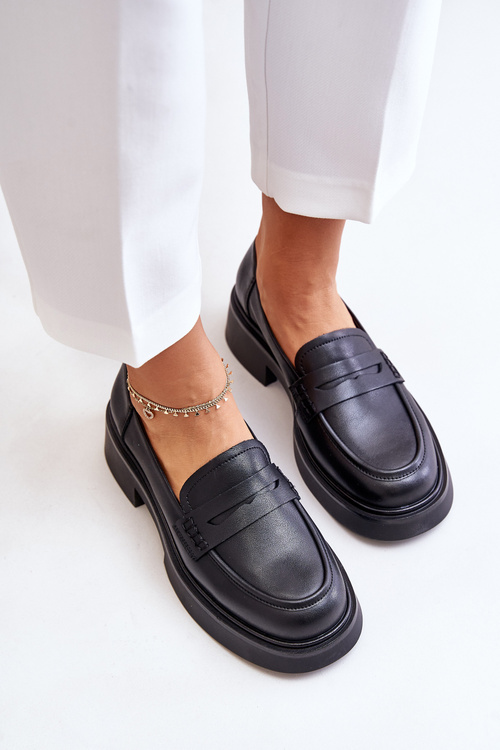 Mokasyny Loafersy Damskie Skóra Naturalna Czarne D&A JC42-61