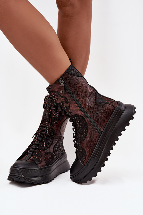 Leather Platform Boots Lined Maciejka 06565-02 Brown-Gold