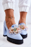 Elegant Pumps With Ornament Smooth Blue Caterine