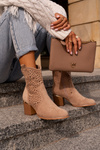Openwork ankle boots with block heel made of eco suede zip closure dark beige Sevana