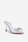Sandały Na Szpilce Transparentne Z Błyszczącą Kokardą Srebrne Viosta