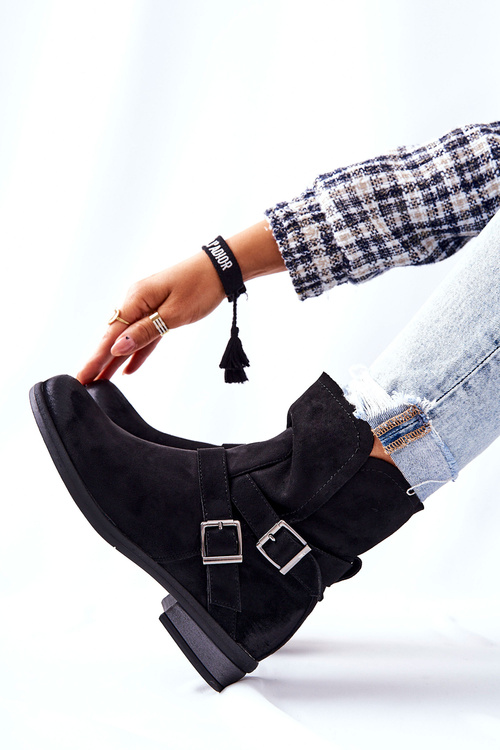 Suede Booties with Buckles Black Renisse