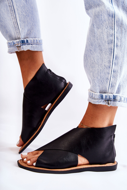 Women's Leather Sandals Broad Foot Black Catalise