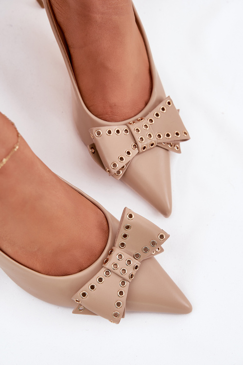 Eko Skórzane Czółenka Szpilka Kokarda Beżowe Folesca