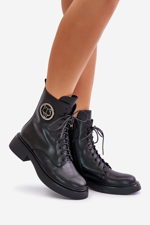 Botki Workery Skóra Płaski Obcas Ozdoba Ocieplane Na Zamek Czarne Lorevine