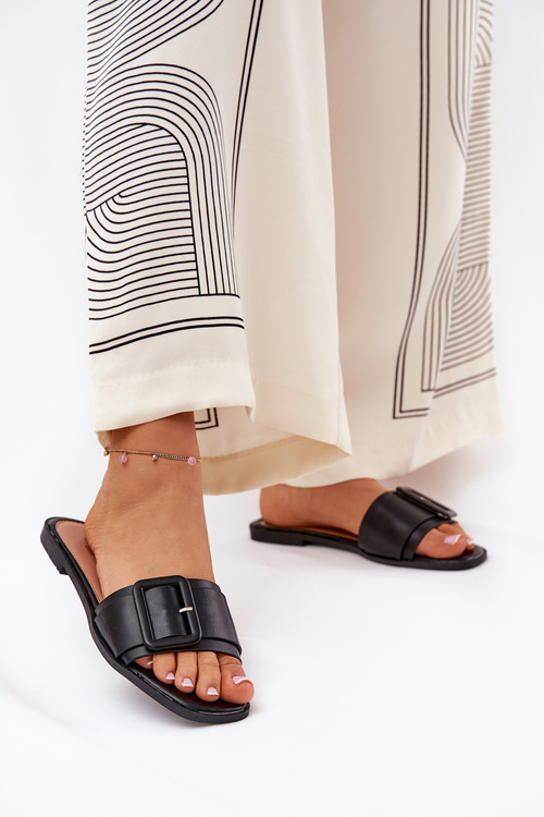 Eko Skórzane Klapki Damskie Płaskie Z Klamrą Czarne Bamma