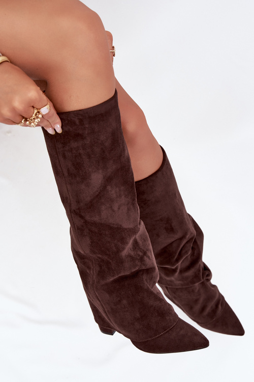 Insulated Women's Boots with Turned Cuff on Heel Eco Suede Chocolate Elivira