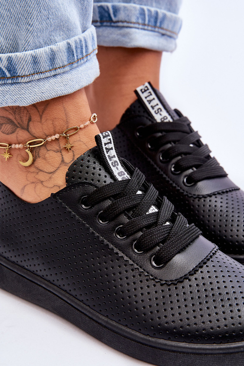 Women's Openwork Lace-up Sneakers Black Carinel