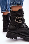 Gennee Leather Black Workery Boots with Chain