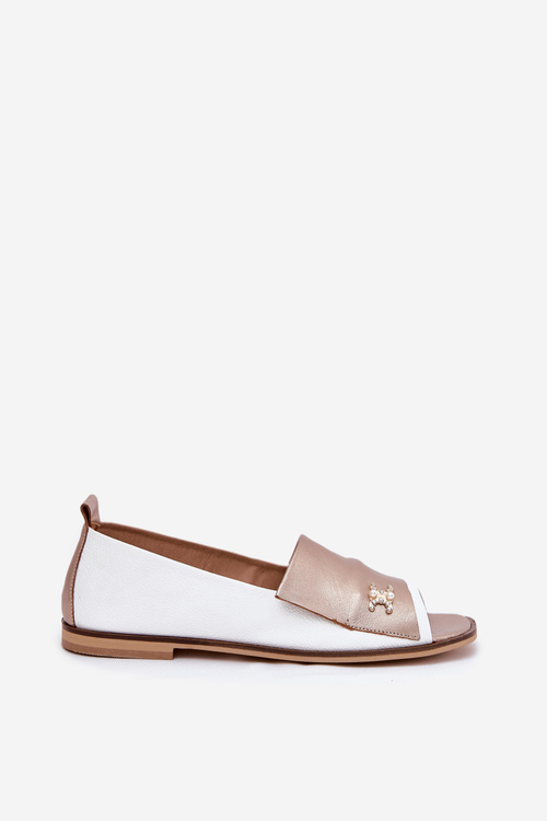 Leather Elegant Ballet Flats With Open Toes White-Gold Zazoo 1865