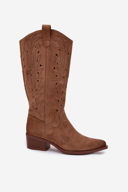 Cowboy Boots With Perforated Pattern On Low Heel Khaki Selirae