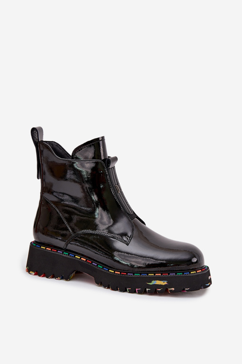 Damskie Botki Lakierowana Skóra Naturalna Ocieplane Czarne Artiker 57C0166