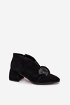 Damskie Botki Zamszowe Obcas Klocek Ozdoba Eleganckie Czarne D&A MR52-182 