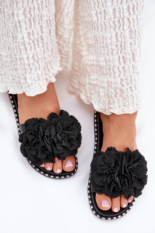 Women's Slippers With Fabric Flowers Black Elachase