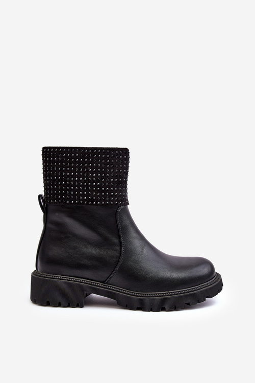 Women's Flat Heel Boots with Embellishment Black Zanidite