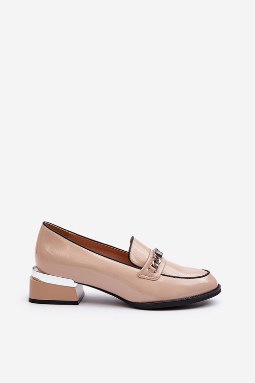 Półbuty Lakierowane Damskie Niski Obcas Beżowe Albreide 58299