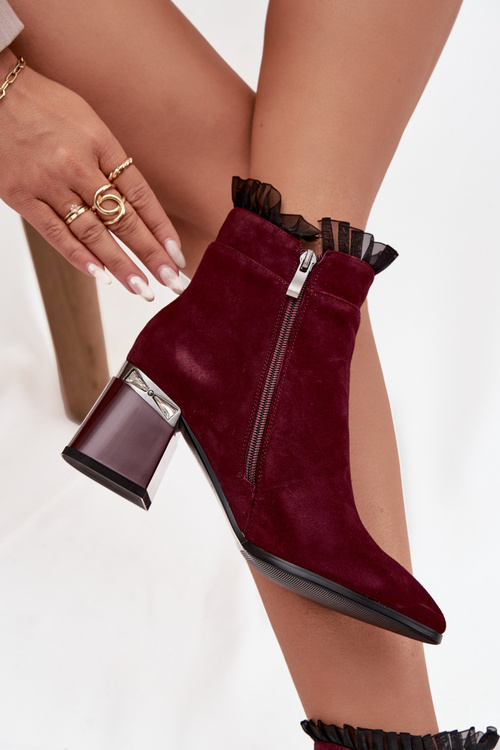 Suede Leather Women's Ankle Boots On Heel With Decoration Insulated D&A MR52-127 Bordeaux