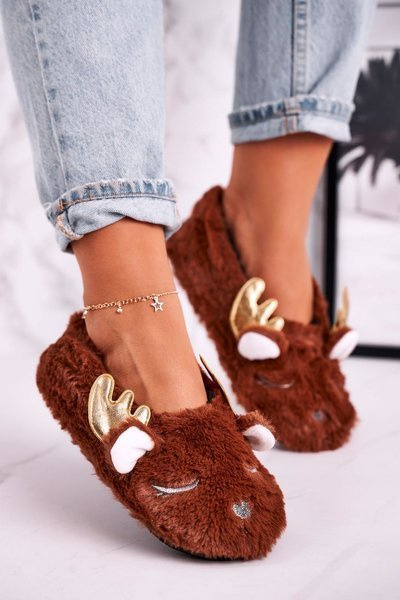 Christmas Insulated Furry Slippers Brown Jingle Bells