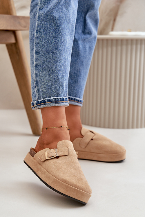 Chodaki Klapki Damskie Platforma Klamra Ciemnobeżowe Terilaina