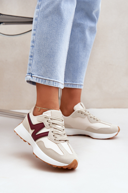 Sneakersy Buty Sportowe Damskie Beżowo-Bordowe Britma