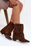 Women's heeled ankle boots with fringes and gold buckles brown Evelisse Botki Damskie