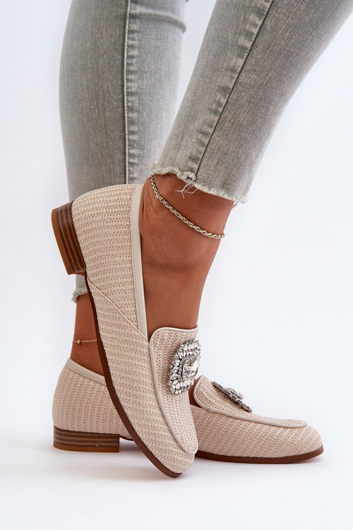 Mokasyny Damskie Płaski Obcas Broszka D&A MR38-676 Beżowe