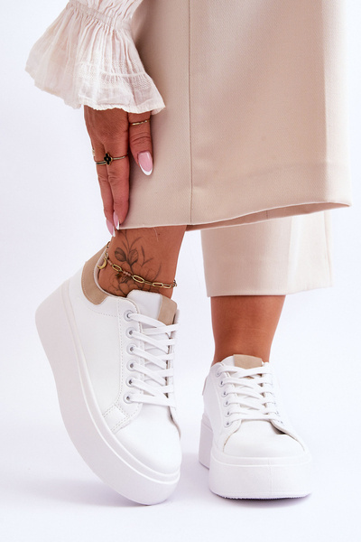 Buty Sportowe Masywna Platforma Biało-Beżowe Boneti