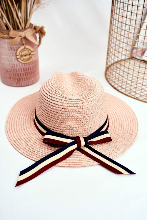 Damski Kapelusz Panama 100% Papier Różowy Wstążka Złota Mucha