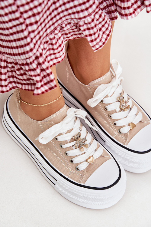 Ladies Sneakers On A Platform With Golden Decorations Beige Fiorina