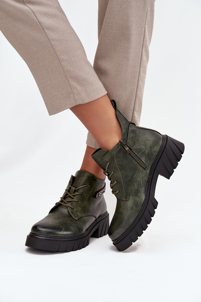 Damskie Botki Obcas Klocek Ozdobny Paseczek Ciemnozielone Therisse