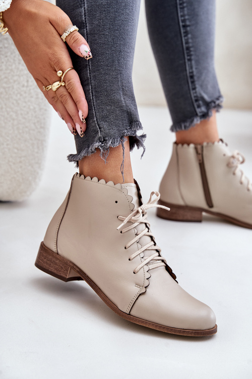 Leather Ankle Boots With Flat Heel Beige Zazoo 2964