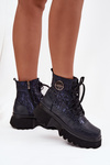 Leather Women's Platform Boots with Texts and Decorative Detail Artiker 57C2271 Navy Blue