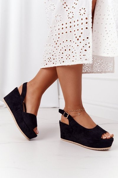 Suede Wedge Sandals Black Party Time