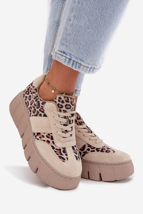 Suede Insulated Women's Sneakers On Chunky Platform Vinceza 66841 Leopard Beige